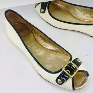 COACH Black and Ivory Peeptoe Flat Shoe, Size 7.5